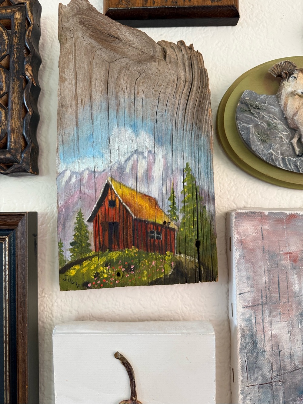 Original Signed Oil on Wood Red Barn with Yellow Roof Painting